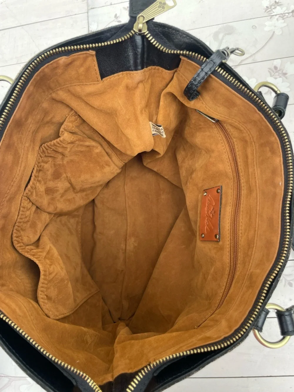 Patricia Nash Black Leather Duffel with Brown Suede Interior